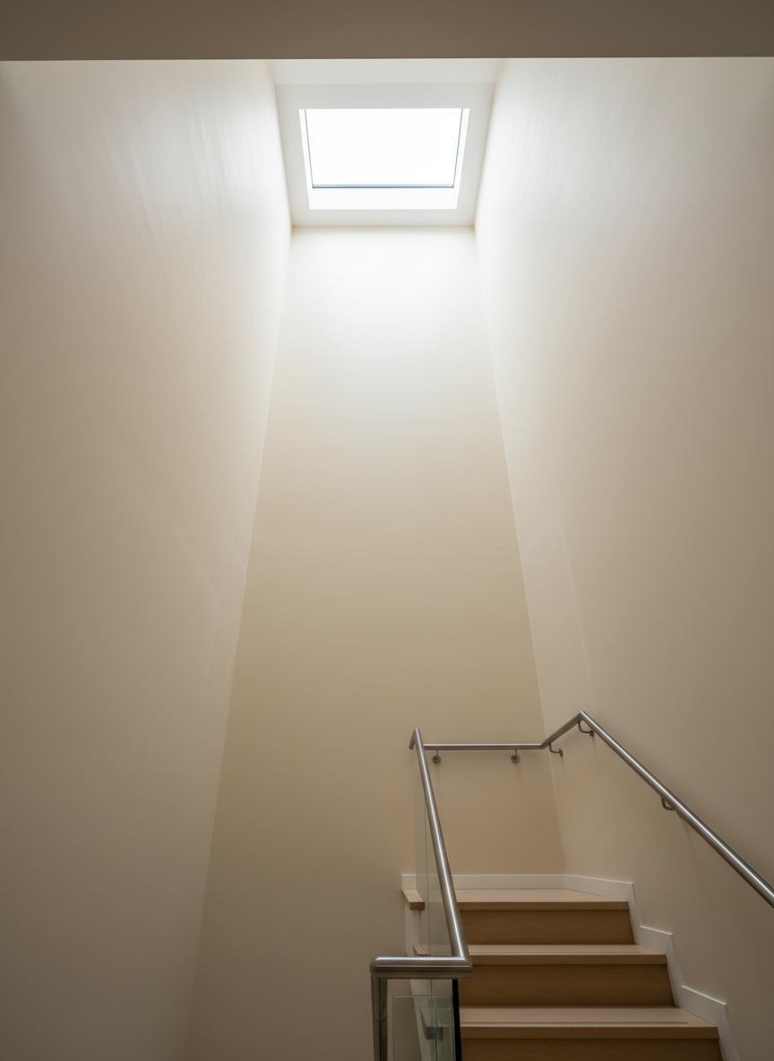 An elegant interior stairwell showcasing vertical painting and high-access reformas, with a tall, double-height wall freshly coated in a smooth, uniform light-sand color. The upper reaches of the wall show no roller marks or uneven patches, demonstrating meticulous vertical painting over a previously renovated pladur surface. A sleek metal handrail follows the staircase, its shadows softly cast by natural light streaming down from a skylight above. Captured from the base of the stairs looking upward with a slightly wide-angle lens, the composition emphasizes the height and difficulty of the work area. The mood is airy and professional, in realistic photographic style, underlining expertise in vertical painting and challenging interior finishes without showing any workers or equipment.
