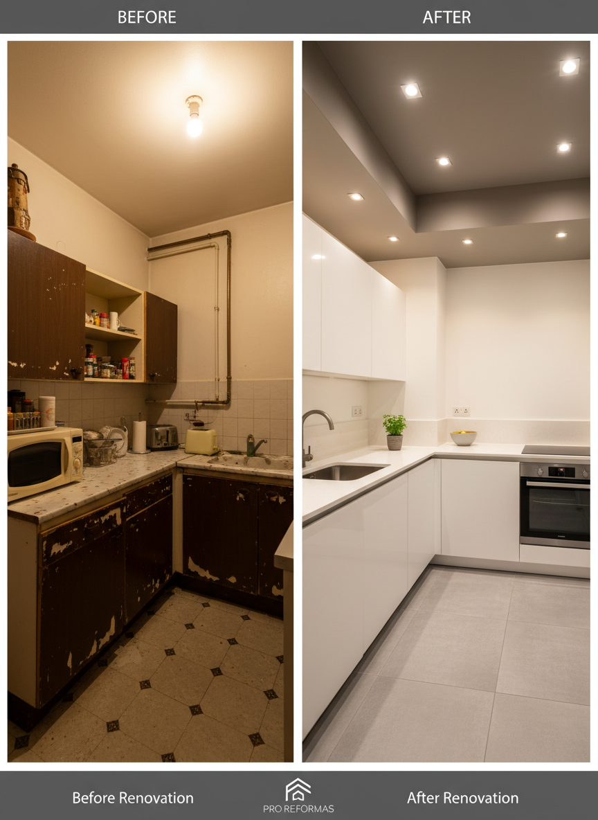 A side-by-side before-and-after style interior scene of a small apartment kitchen reforma, presented as two distinct but matching photographic views. On the left, a dated, dark, cluttered space is implied through neutral, plain surfaces; on the right, the same layout fully transformed with new white cabinets, soft-gray pladur bulkheads concealing ductwork, smooth falso techo with spotlights, and freshly painted walls in warm white. Lighting on the renovated side is brighter and more balanced, highlighting clean lines and precise finishes, while the pre-renovation side is slightly dimmer but still neat. Shot from the same eye-level angle with consistent framing, the composition clearly contrasts the quality and impact of professional reformas work while maintaining a clean, polished, and realistic visual style suitable for a construction company portfolio.